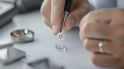 Jeweler Examining Diamond with Loupe and Measuring Tools