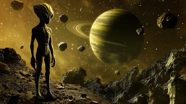 An alien standing on a desolate planet, observing a distant ringed planet with asteroids floating by
