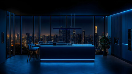 Fototapeta premium Modern Kitchen Interior Design Shines with Blue LED Lighting at Night Overlooking Cityscape View