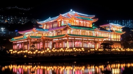 Illuminated Chinese Palace at Night, Festive Lights Reflection