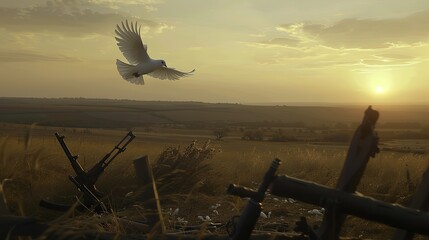 White dove flying over a serene battlefield at sunset with scattered broken weapons, symbolizing peace and the end of conflict. Concept of hope, harmony, and resolution after war.