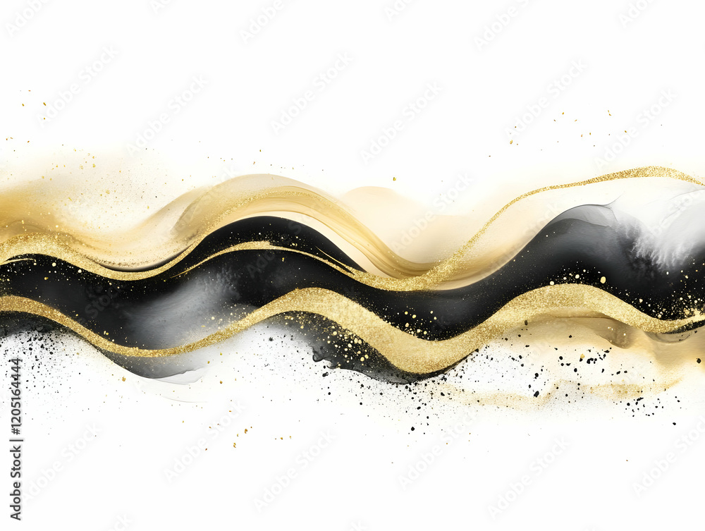 Poster abstract black and gold ink flowing background creates a dynamic visual with golden splatter elegant