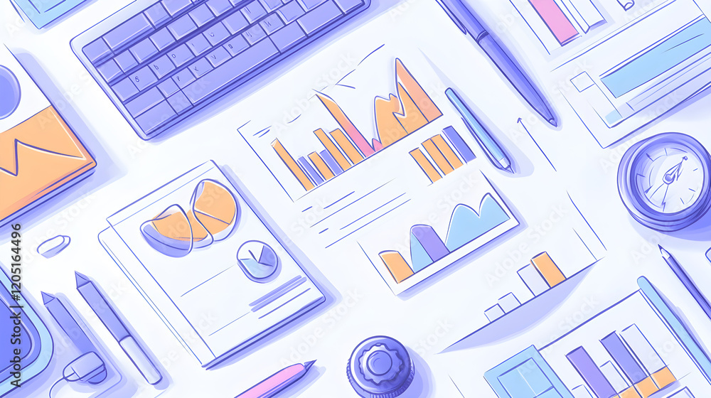 Poster analyzing business data trends office workspace infographics digital environment aerial view data vi