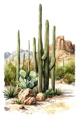 Majestic Saguaro Cactus in Arizona Desert Landscape - Watercolor Painting.