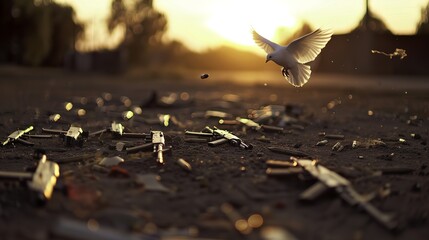 White dove flying over a serene battlefield at sunset with scattered broken weapons, symbolizing peace and the end of conflict. Concept of hope, harmony, and resolution after war.