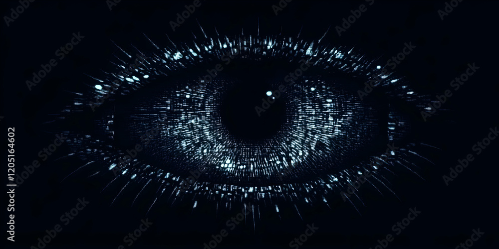 Poster digital eye illustration shows futuristic vision with pixels and data streams smoothly