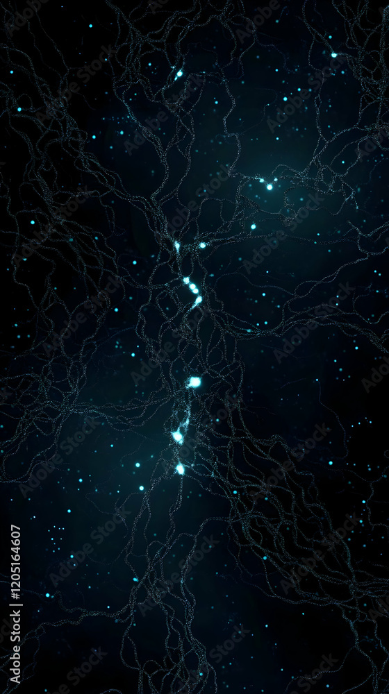 Poster abstract background shows glowing lines and particles gracefully moving in a dark space.