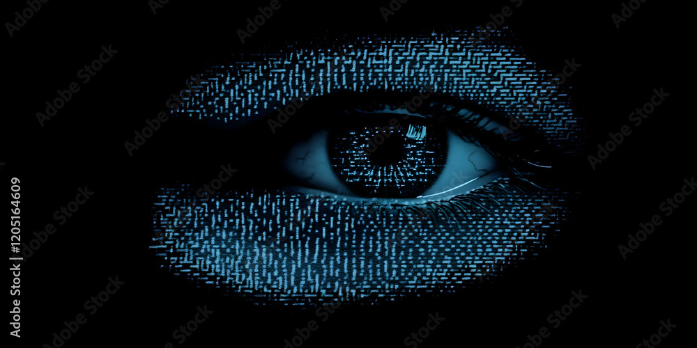 Poster digital eye sees binary code in darkness, illuminating technology's vision