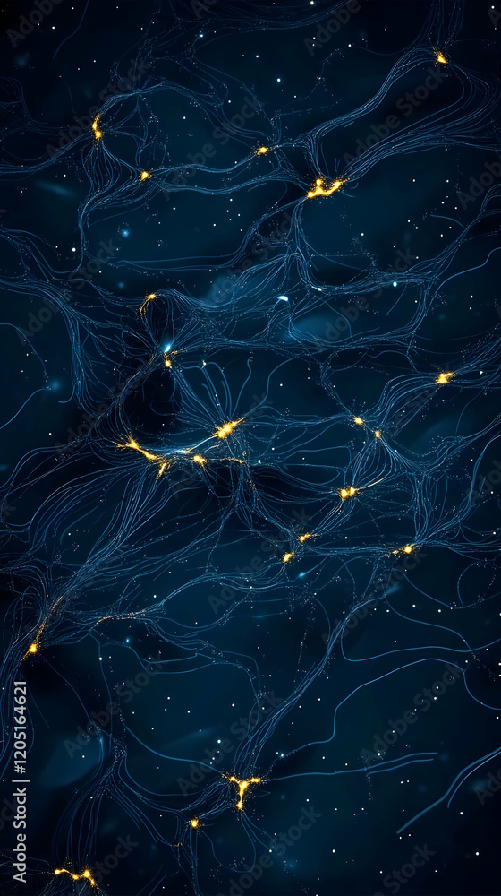 Poster abstract background shows glowing nodes connected by intricate lines beautifully on a dark blue canv
