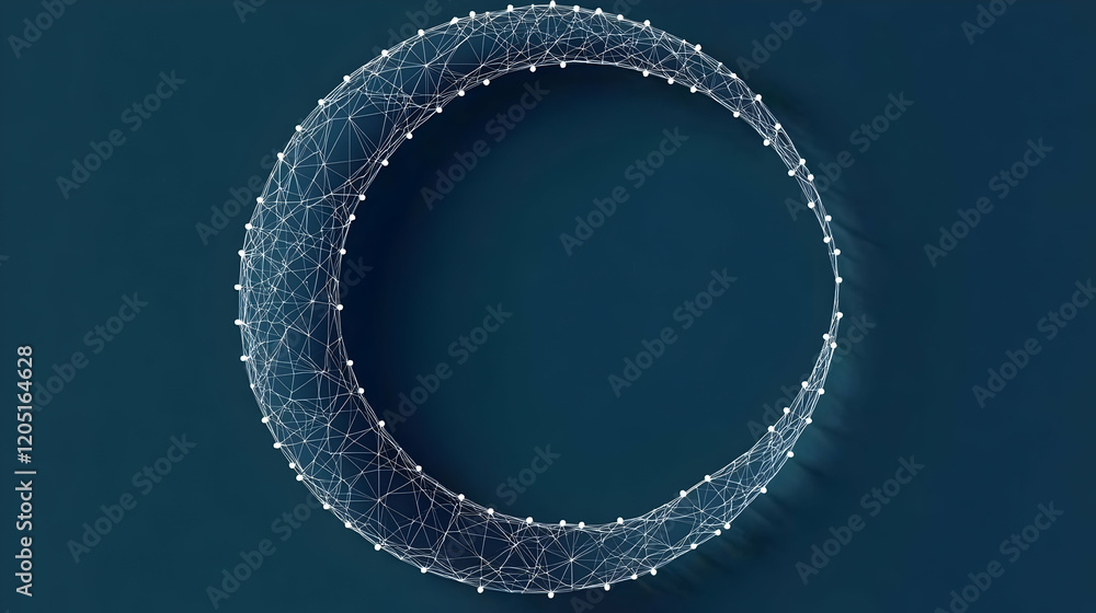 Poster Abstract 3D Wireframe Circle with Nodes on Dark Blue Background.