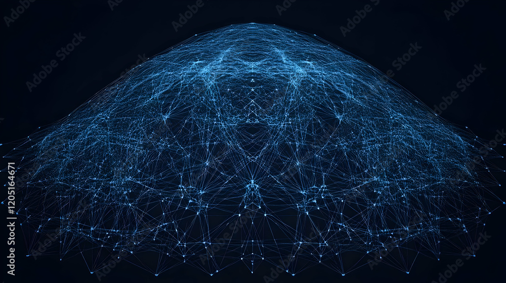 Poster abstract 3d network structure forms a dome shape with interconnected nodes and lines on a dark backg