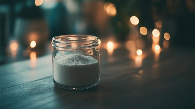 Glass jar filled with collagen placed on a minimalist table, a natural elixir for enhancing skin elasticity, fortifying bones, lubricating joints, and supporting intestinal health.