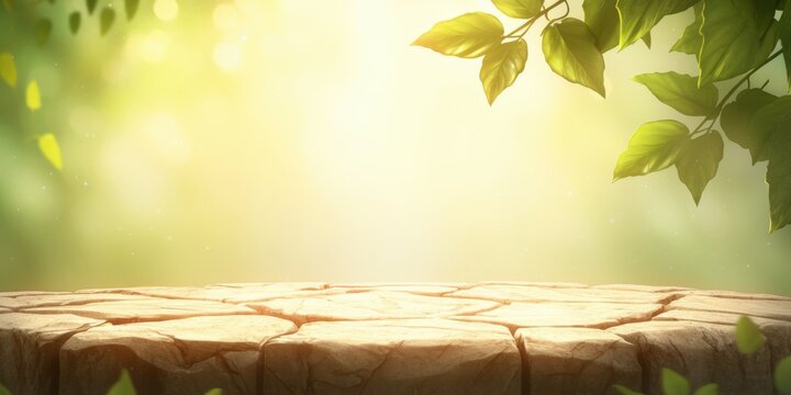 Sunlight on greenery stone background. Leaves and foliage form a fresh nature setting. Textured environment highlights outdoor concept. Perfect for eco design ideas.