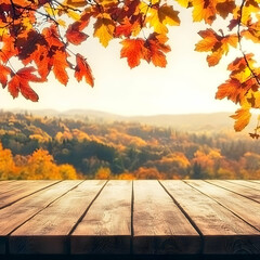 Empty Wooden Table Presents Autumn Leaves and Blurry Forest Background Decoratively.