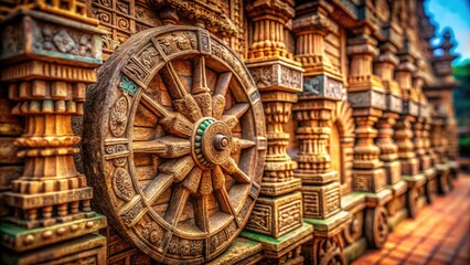 A miniature world unfolds: Konark's Sun Temple wheel, a masterpiece of ancient Indian stone carving, captured in artistic travel photography.