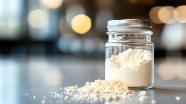 Glass jar filled with collagen placed on a minimalist table, a natural elixir for enhancing skin elasticity, fortifying bones, lubricating joints, and supporting intestinal health.