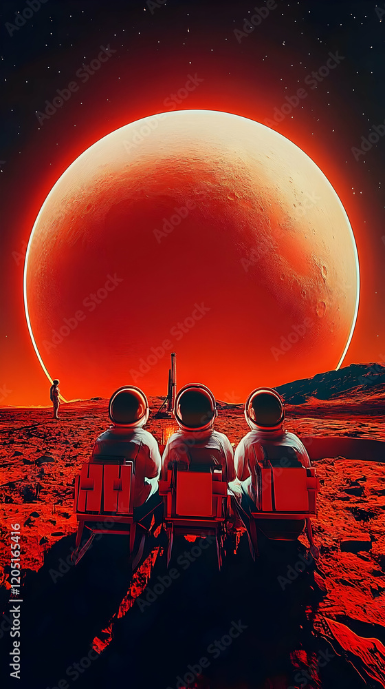 Poster astronauts observe a large red planet from chairs on a rocky surface with a rocket