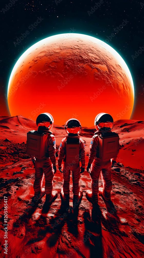 Poster three astronauts stand on a red planet surface and gaze at a large red planet.