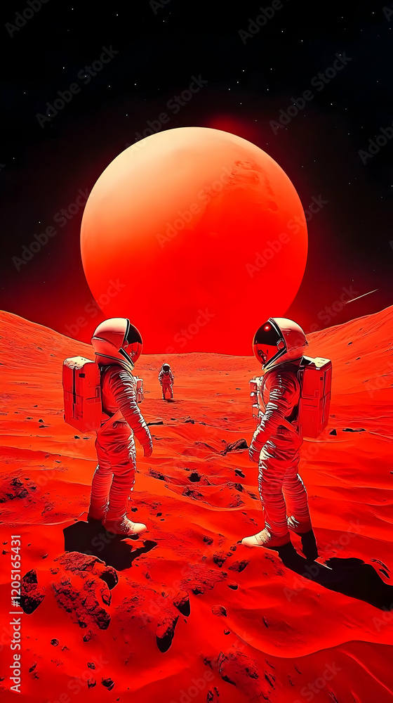 Poster astronauts explore the red planet surface under a large glowing orb in space