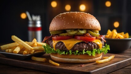 Cheeseburger with Lettuce, Tomato, and Fries