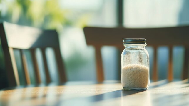 Glass jar filled with collagen placed on a minimalist table, a natural elixir for enhancing skin elasticity, fortifying bones, lubricating joints, and supporting intestinal health.