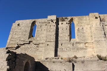 Abbaye Saint-Félix-de-Montceau à Gigean (Hérault) : vue latérale, plan rapproché, contreplongée