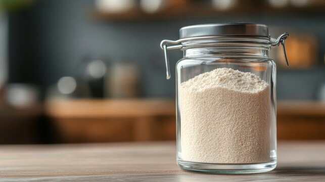 Glass jar filled with collagen placed on a minimalist table, a natural elixir for enhancing skin elasticity, fortifying bones, lubricating joints, and supporting intestinal health.