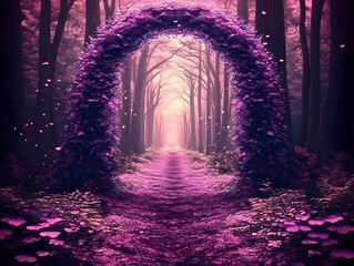Obraz premium Enchanted Purple Archway Leads into a Mystical Forest Path with Glowing Petals and Mushrooms