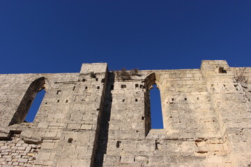 Abbaye Saint-Félix-de-Montceau à Gigean (Hérault), contreplongée, vue latérale, plan rapproché