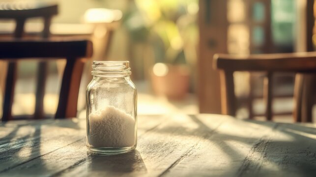 Glass jar filled with collagen placed on a minimalist table, a natural elixir for enhancing skin elasticity, fortifying bones, lubricating joints, and supporting intestinal health.