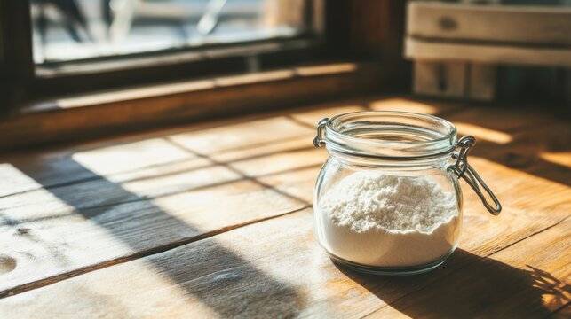 Glass jar filled with collagen placed on a minimalist table, a natural elixir for enhancing skin elasticity, fortifying bones, lubricating joints, and supporting intestinal health.