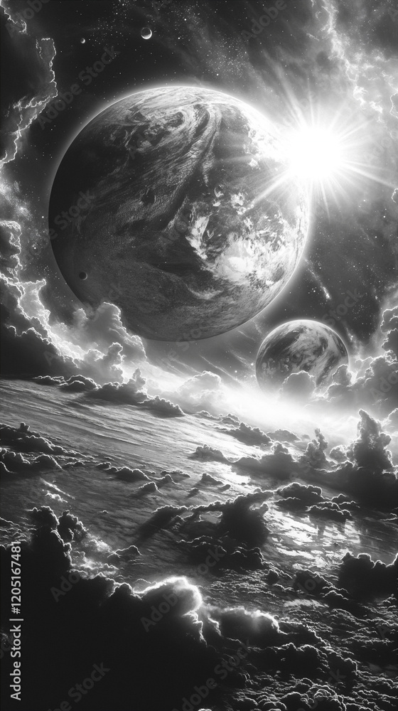 Canvas Prints distant planets and a swirling black hole in outer space landscape surreal background. generative ai