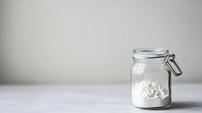 Glass jar filled with collagen placed on a minimalist table, a natural elixir for enhancing skin elasticity, fortifying bones, lubricating joints, and supporting intestinal health.