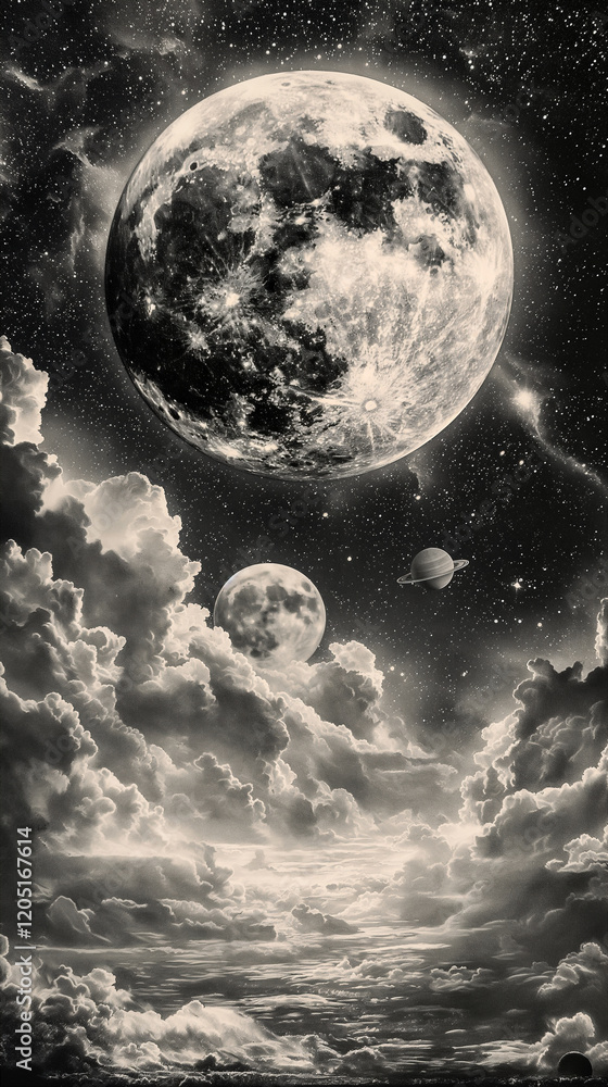Canvas Prints distant planets and a swirling black hole in outer space landscape surreal background. generative ai