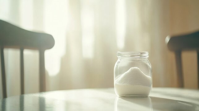 Glass jar filled with collagen placed on a minimalist table, a natural elixir for enhancing skin elasticity, fortifying bones, lubricating joints, and supporting intestinal health.