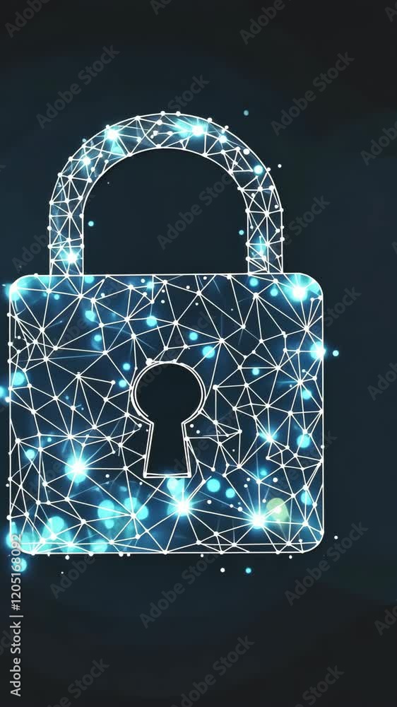 Poster digital padlock representing cybersecurity protection with abstract connections and glowing elements