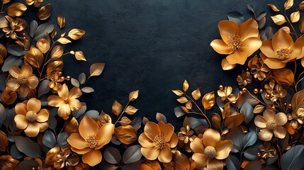 Golden floral frame, dark background, elegant design, invitation