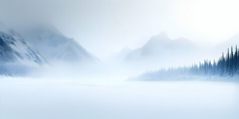 Fototapeta premium Misty Winter Wonderland: Snow-Covered Mountains and Frozen Lake Create a Serene Landscape