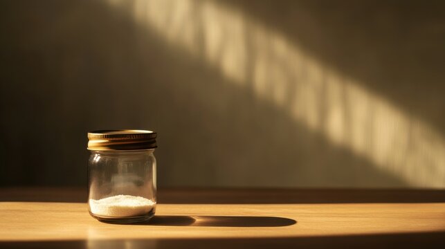 Glass jar filled with collagen placed on a minimalist table, a natural elixir for enhancing skin elasticity, fortifying bones, lubricating joints, and supporting intestinal health.