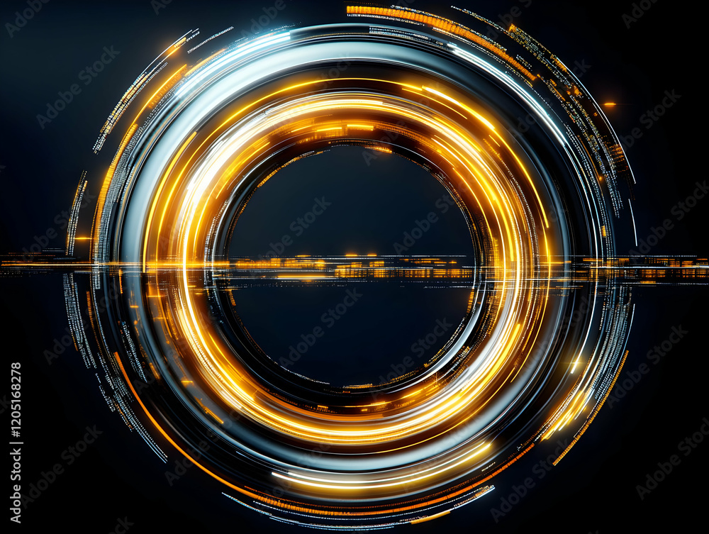 Poster abstract circular light trails glow on dark background with reflection