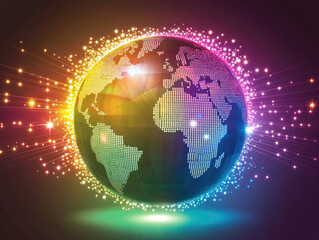 A colorful digital globe with interconnected light beams spanning across continents, emphasizing technology and innovation 