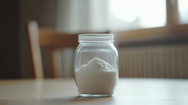 Glass jar filled with collagen placed on a minimalist table, a natural elixir for enhancing skin elasticity, fortifying bones, lubricating joints, and supporting intestinal health.