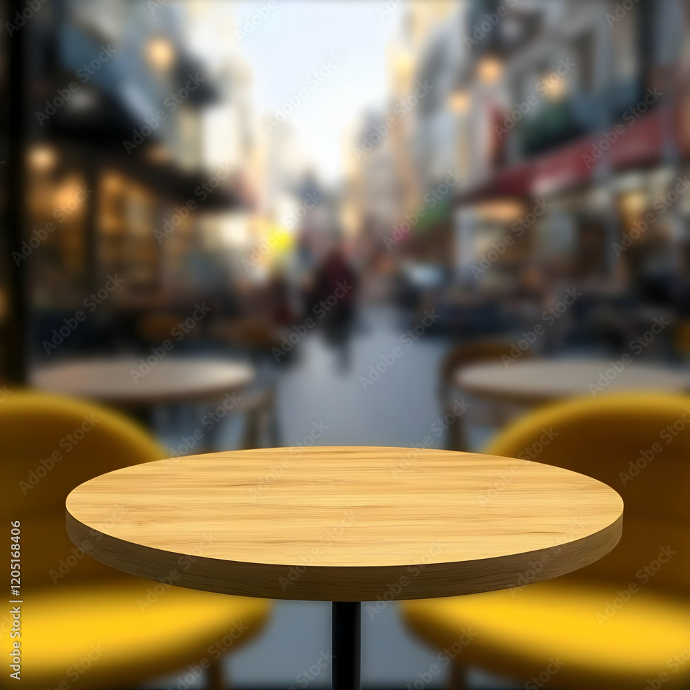 Poster empty round wooden table top with blurred cafe background for product display