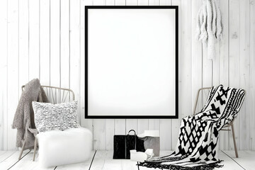 Modern Interior Mockup with Blank Frame, Chairs, and Decorative Elements on White Wood Wall