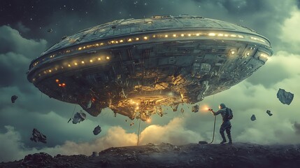 Obraz premium An alien engineer repairing a massive spacecraft with tools that emit light, surrounded by floating debris