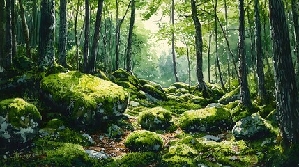 Obraz premium Sun Dappled Mossy Forest Path Watercolor Painting.