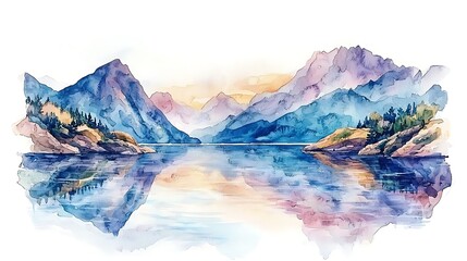 Fototapeta premium Serene Watercolor Landscape Mountains Reflecting in a Calm Lake.
