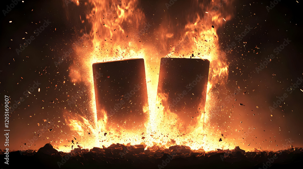 Poster two rectangular objects engulfed in intense flames and embers against a dark backdrop