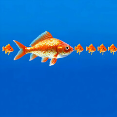 Fototapeta premium Large Goldfish Leads a Group of Smaller Goldfish in a Blue Background