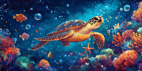 A turtle swimming in the ocean with fish and a starfish in the background